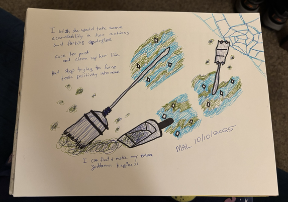 A broom, dustpan, and duster, doing their household jobs with blue / green magical energy.  Text: I wish she would take some accountability for her actions and fucking apologize Face her past and clean up her life And stop trying to force toxic positivity into mine I can find & make my own goddamn happiness 