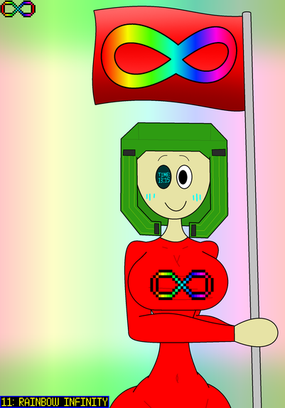 AUCTBOER 2025
11: Rainbow Infinity
Caesium happily holds a flagpole which displays a red-colored flag with a rainbow infinity (the Actually Autistic symbol) printed on it.