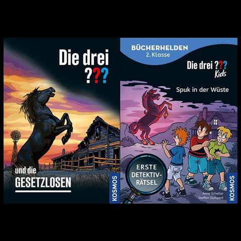 Links: Die drei ??? und die Gesetzlosen (2022) | Rechts: Die drei ??? Kids (Bücherhelden) - Spuk in der Wüste (2026)