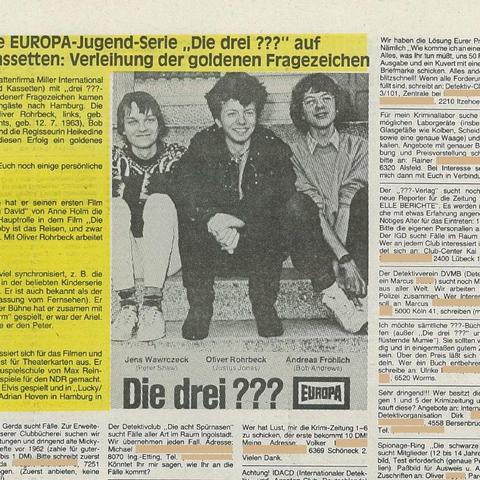 Krimi-Zeitung 11 der Franckh'schen Verlagshandlung, Oktober 1981: Die erste Die drei ???-Autogrammkarte von Oliver Rohrbeck, Jens Wawrczeck und Andreas Fröhlich