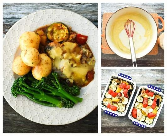 Roasted Vegetable Moussaka served with potatoes and green veg, alongside photos of the creamy sauce in a pot with a whisk & the layered moussaka before cooking showing the roast veg.