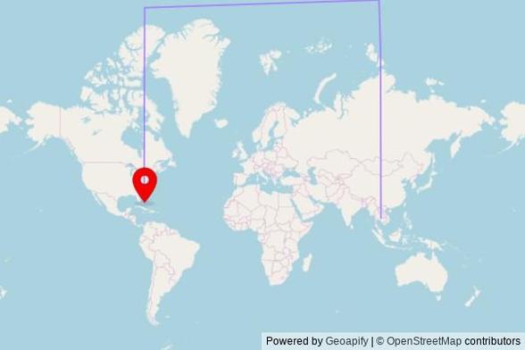 A map showing the great circle route from Poipet in Cambodia to a map pin at Saint Ambrose Anglican Church, Gladstone Road, Nassau, Bahamas