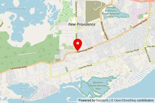 A partially zoomed out map with a pin at the position of Saint Ambrose Anglican Church, Gladstone Road, Nassau, Bahamas