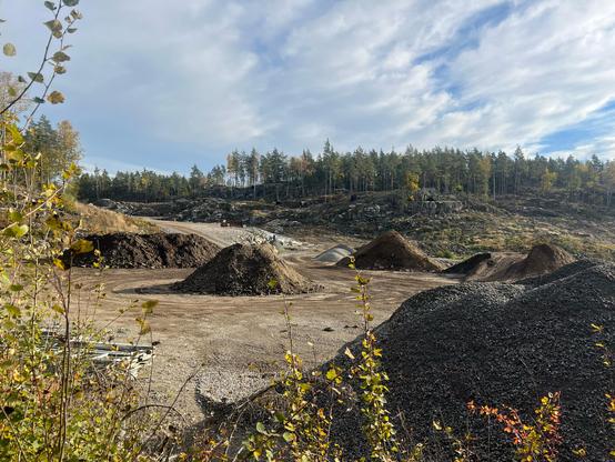 Devastated are that was once a beautiful forest. There’s plain of dirt with piles of dirt and in the background you can see the beginning of a road leading through an area of bare rocks, exposed after cutting all the trees. 