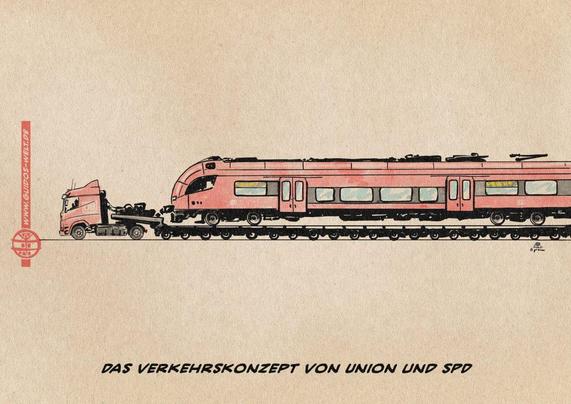 Illustration eines LKW-Schwerlastspezialtransportes, bei dem ein Regio-Zug von einem LKW auf einem Spezialanhänger straßentauglich gezogen wird. Textzeile: Das Verkehrskonzept von Union und SPD