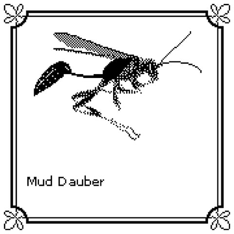 a black and white pixelly drawing of a mud dauber wasp with its alien-like, long, skinny, thorax.