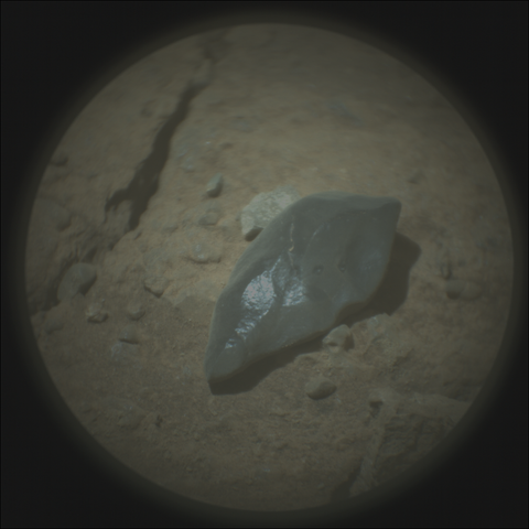 A Martian rock with a smooth and shiny texture captured by the Perseverance rover with its the SuperCam Remote Micro-Imager. October 11, 2025.