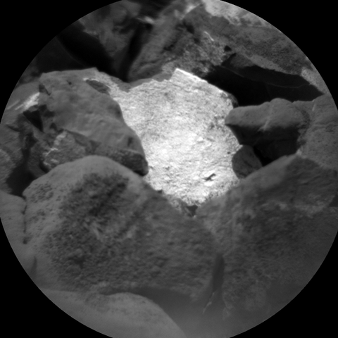 A Martian rock with a bright texture and other darker rocks, captured by the Curiosity rover with its the ChemCam Remote Micro-Imager. October 8, 2025.