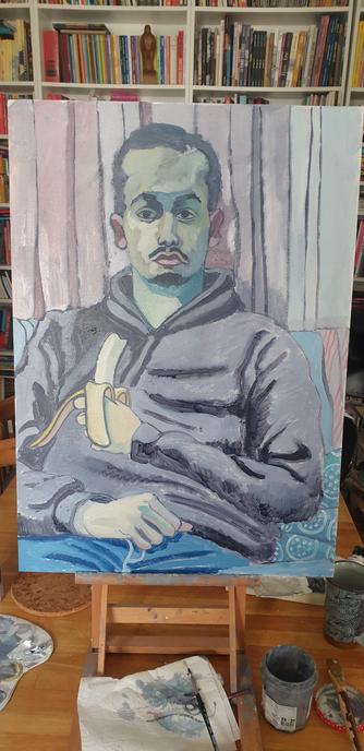 Portrait à l'huile d'un jeune homme qui tient une banane