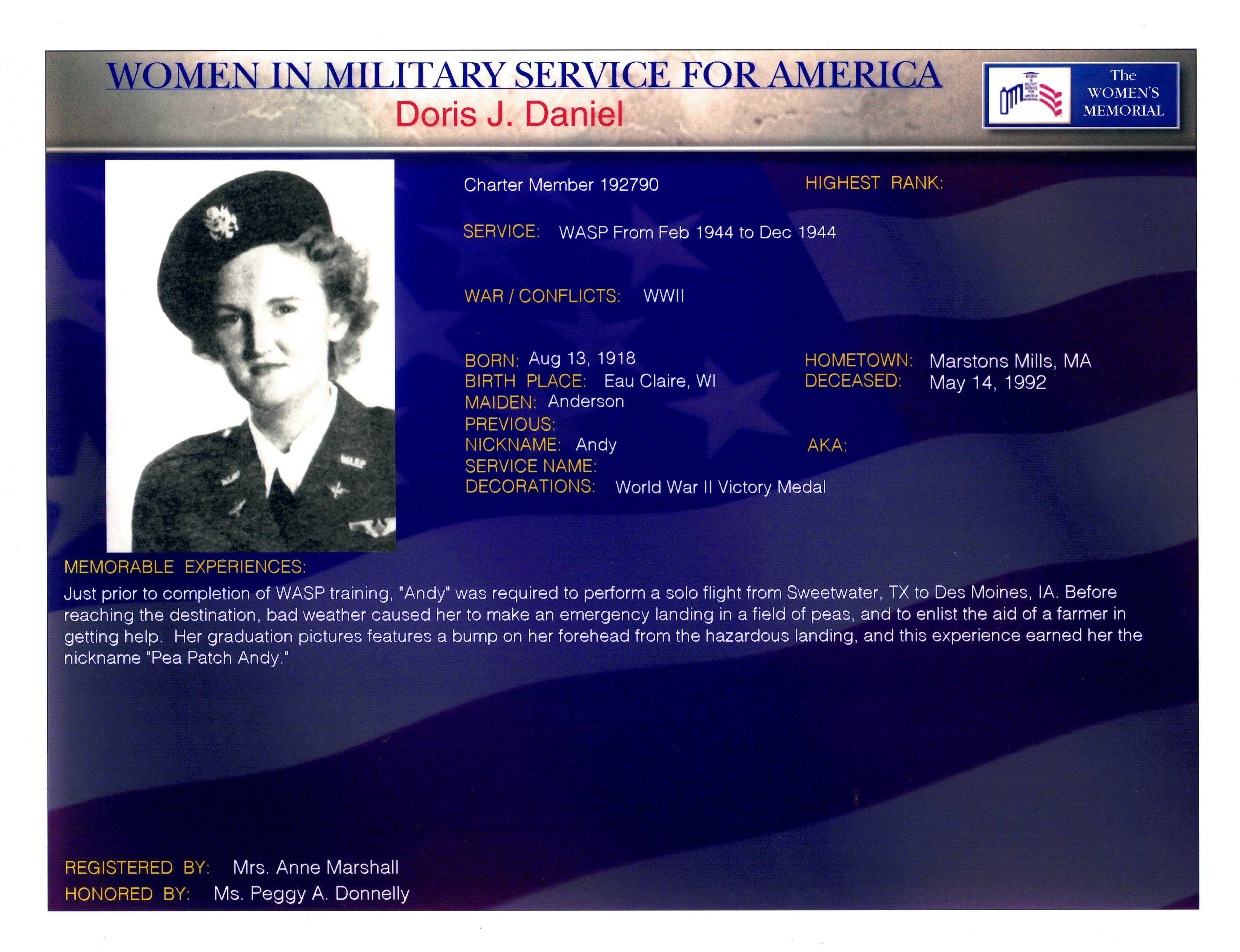 Presentation image recognizing Doris Daniel for her service during world War Two with dates and anecdotes.