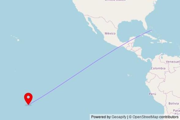 A map showing the great circle route from Nassau in the Bahamas to a map pin at Paroisse St François Xavier, Route de Ceinture Ouest, 98711 Pāʻea, France