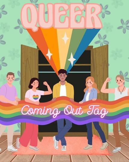 Grafik von diversen Personen die einen Regenbogenbanner mit der Aufschrift QUEER Coming Out Tag halten.