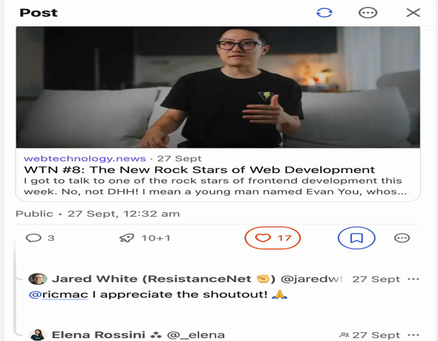 Demo of the reply button, when pressed, show a menu of 3 menu items:

- Reply all — 7 mentions
- Reply all — @ricmac first, 6 others below
- Reply — Only @ricmac