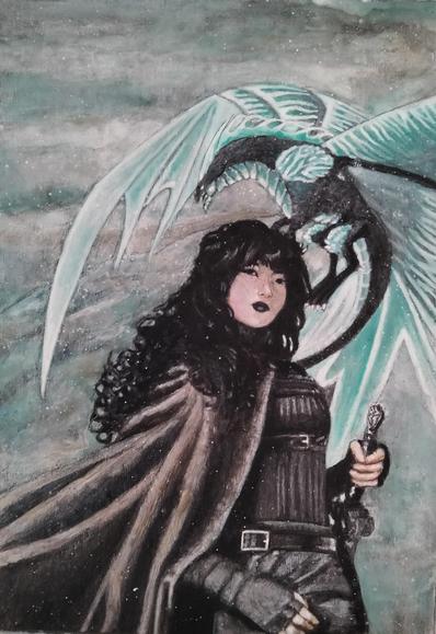 a painting of a woman with long curly black hair wearing a cloak and medieval garments, she is reaching for her sword on her hip, her clothing black, she is looking at the viewer from an elevated perspective, a large aqua - colored dragon behind her in the air, facing left, mountains and clouds behind them