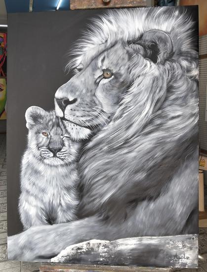 a painting, it is black and white except for their golden eyes, it is of two cats, a father and a cub, the cub is rubbing his face against his chin, the father is laying on a rock