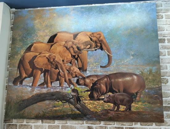a painting of elephants and hippos gathering at a watering hole during the daytime, done in a realistic style 