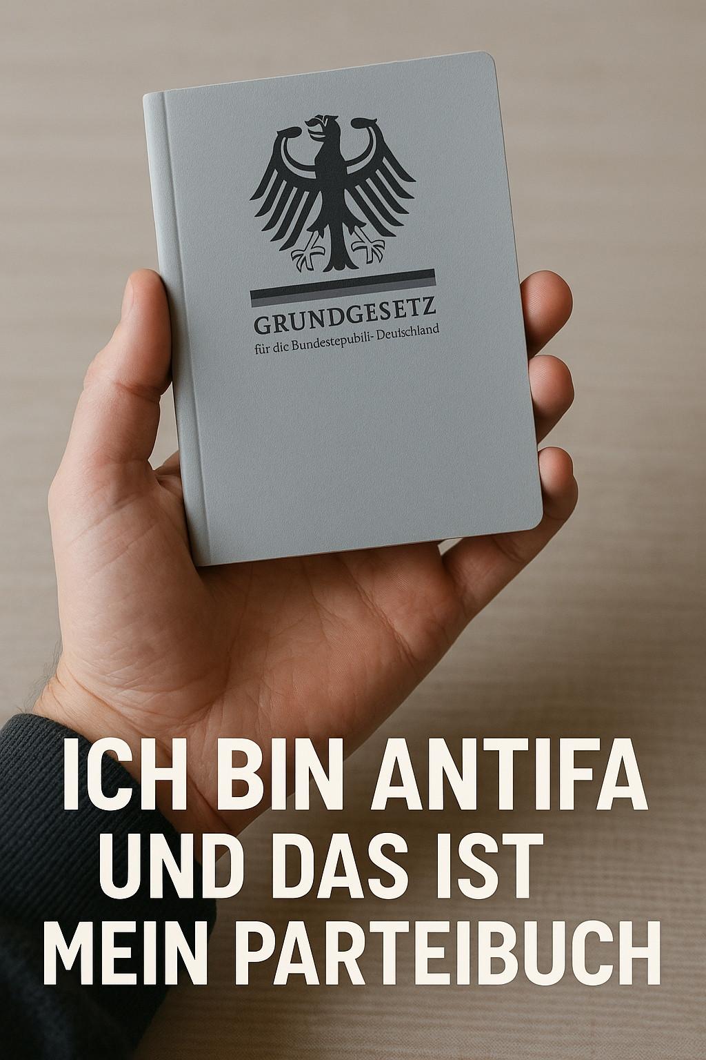 In der Hand das Grundgesetz und dazu der Text: Ich bin Antifa und das ist mein Parteibuch.