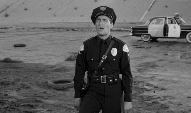 an image  of a police officer looking up at the sky with a stunned expression, his arms at his sides