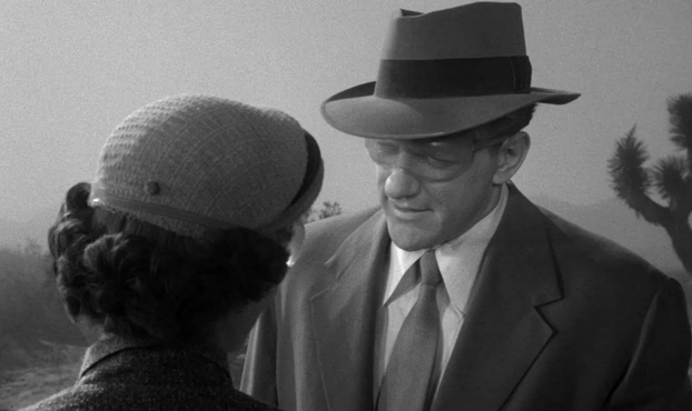 an image of a man talking to a woman in a desert landscape, seen from their chests up, he is wearing a fedora and goggles, dust blowing around, talking to a woman wearing a small stylish hat with her back to the viewer