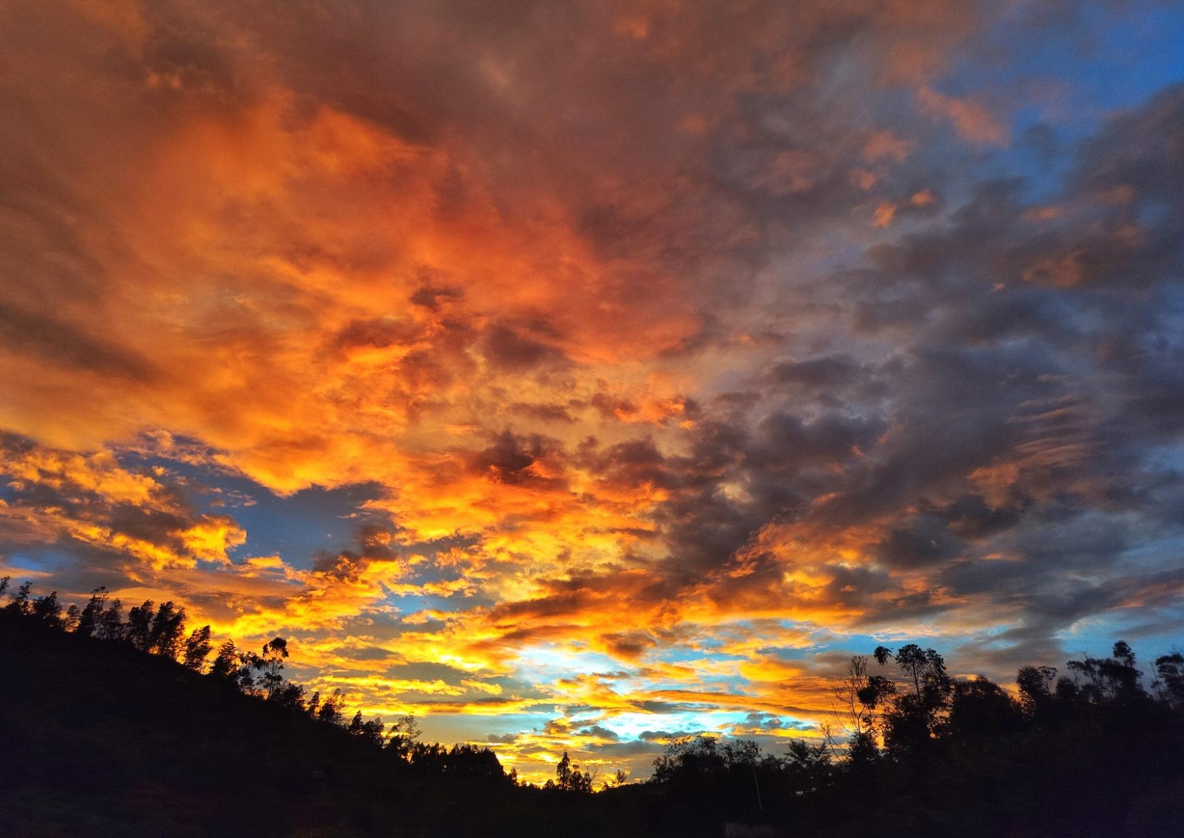 Silhouettes of distant trees on hills against a dramatic blue sky with yellow, orange and reddish clouds.