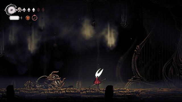 Silksong Screenshot: Hornet next to the beaten Last Judge boss.