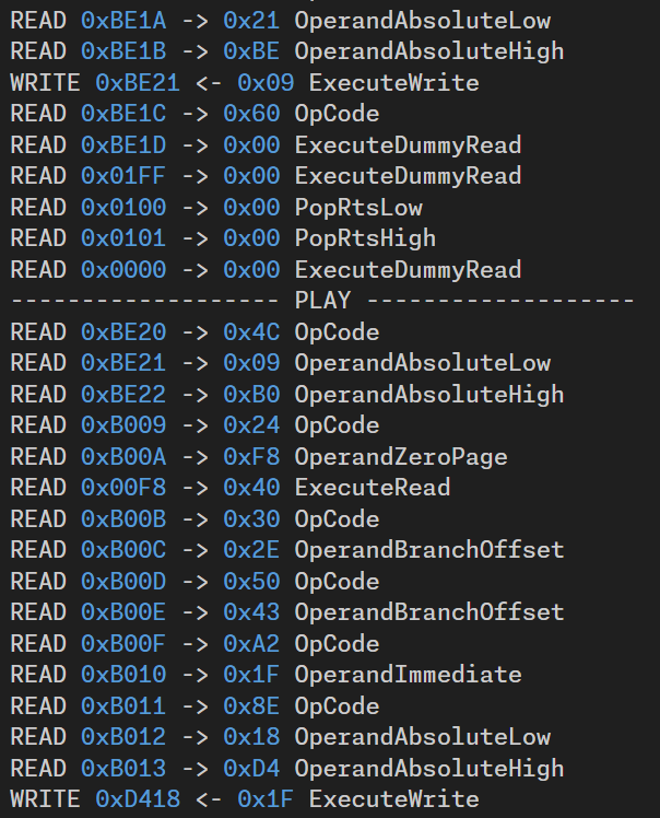 Screenshot showing a log of memory access kinds on the memory bus when executing SID init and play methods.