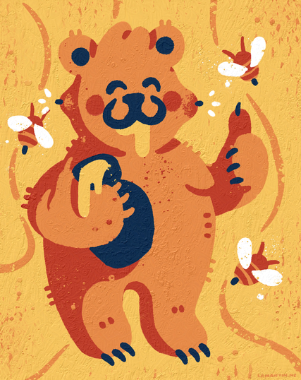 An artwork of a bear holding a pot of honey, stung by bees!