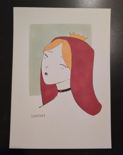 Traditional artwork, a girl with empty eyes and blond hair wearing a hood over her head and a crown. The background is green.