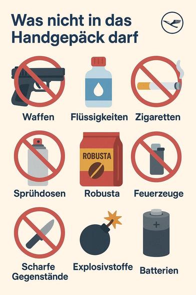 A joke infographic in German I asked ChatGPT to make showing nine things one shouldn't have in hand luggage, all reasonably accurate except for the middle one depicting a package of Robusta coffee.
