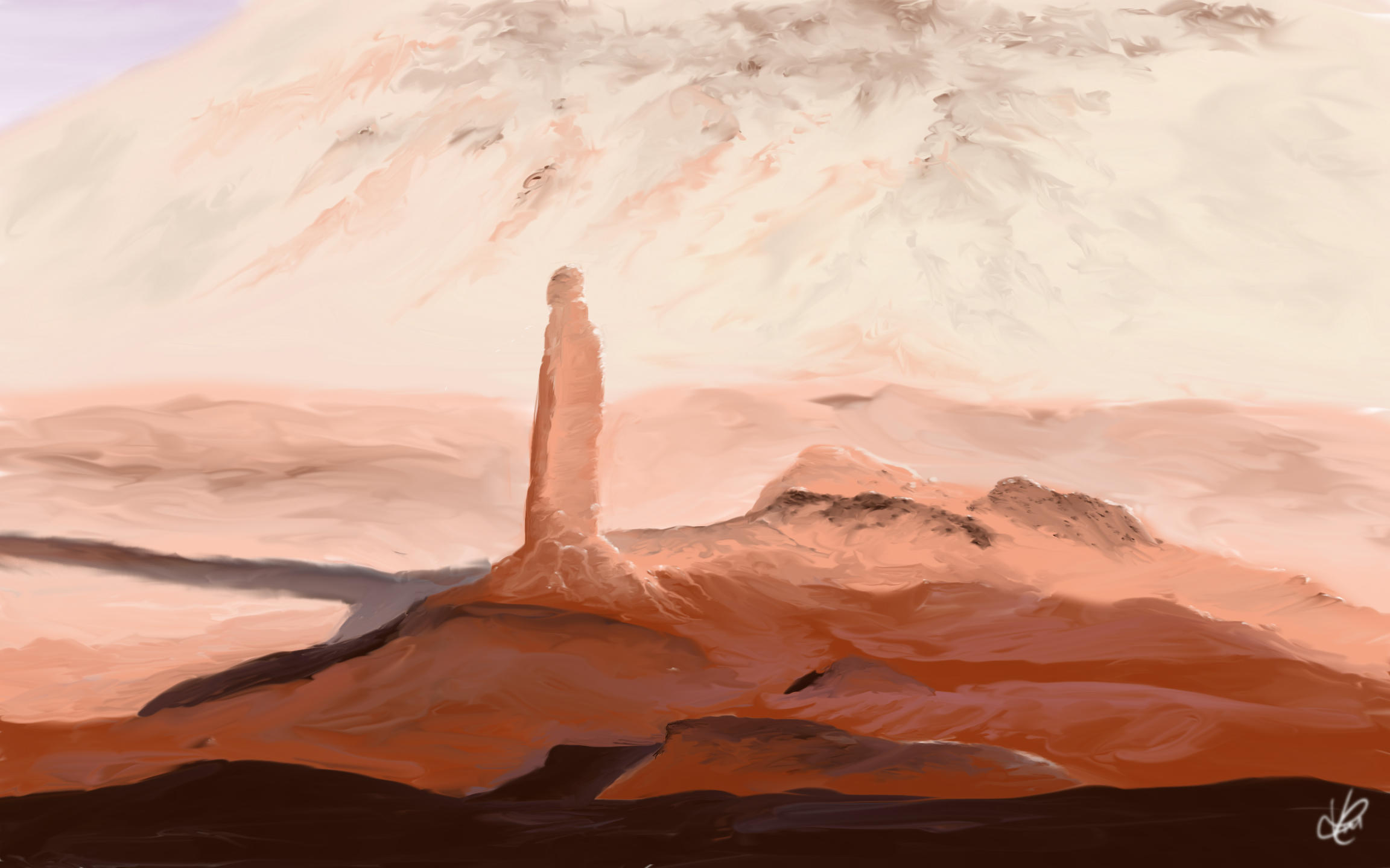 Digital painting in dawn yellow, orange and red tones. Imagined nearer representation of an svelte formation atop a ridge, photographed by Perseverance rover far outside of Jezero crater in several occasions, with a close mountain in the background. A remain of sedimentation? A volcanic column of some sort?