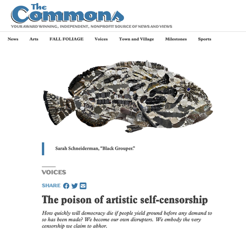 Screenshot of an article from The Commons featuring Sarah Schneiderman’s artwork “Black Grouper,” an assemblage fish made from non-recyclable materials such as buttons, metal, and plastic fragments. The article headline reads “The poison of artistic self-censorship,” discussing the dangers of restricting artistic expression.