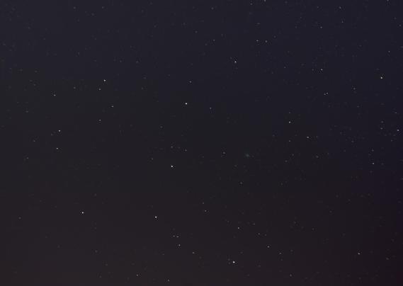 A night sky, fading from slightly blue to slightly red near the horizon, with a scattering of colorful stars. Half way down and a bit to the right the small fuzzy green blob of comet C/2025 R2 (SWAN) is clearly visible and unlike anything else in the image.