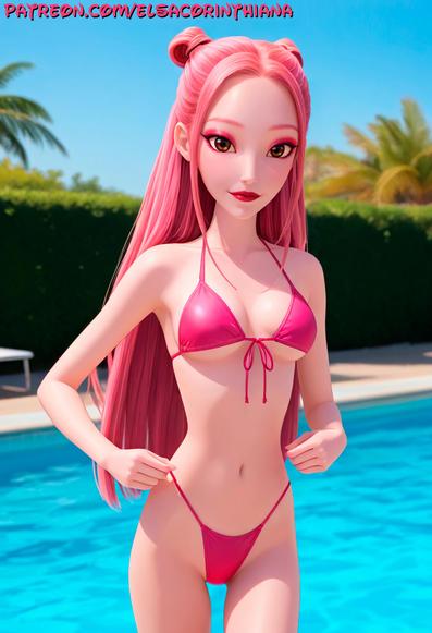 ai generated image: Mira (Kpop Demon Hunters: 1girl, brown eyes, ink hair, straight hair, white skin, half-up pigtail hairstyle, almond-shaped brown eyes, pink bikini, short bikini, standing, pool in background, sunny, blue sky, at resort, medium breasts, skinny, thin body.