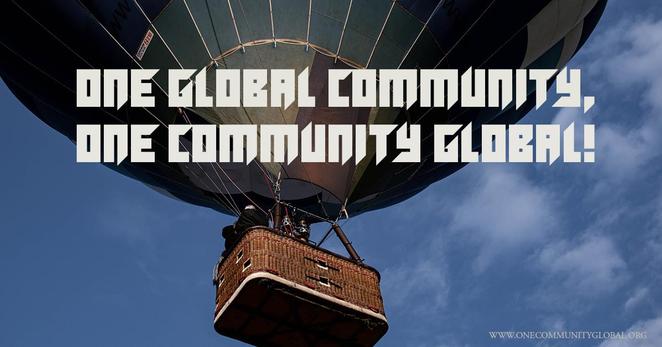 Hot-air balloon image with headline promoting open-source, globally replicable sustainable community solutions.