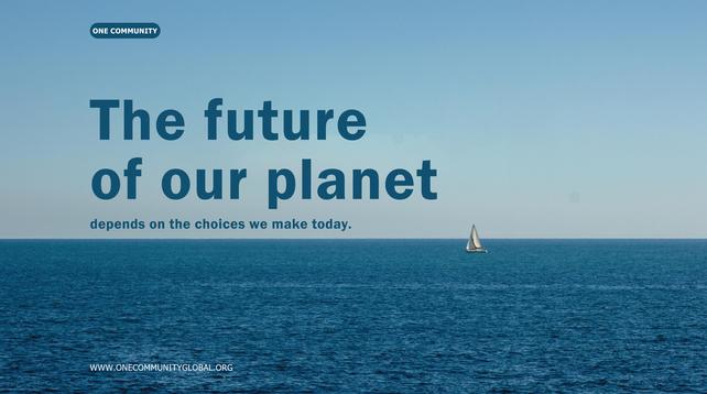 Open ocean with a lone sailboat under a clear blue sky; overlay text reads “The future of our planet depends on the choices we make today.”
