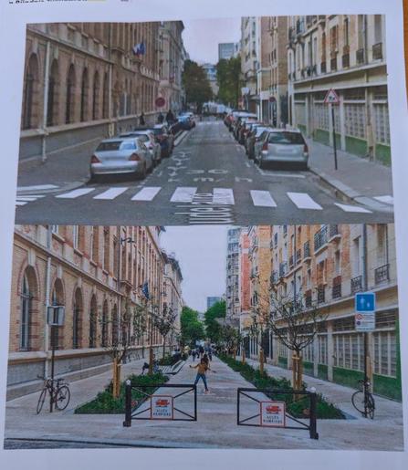 Pariser Schulstraße vorher und nachher, mit autofreier Umgestaltung
