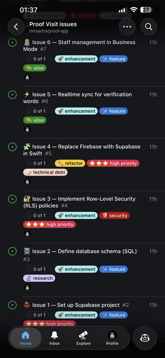The photo shows a screenshot of a GitHub Issues page on a mobile device. The screen is in dark mode, displaying a list of issues for a private repository.