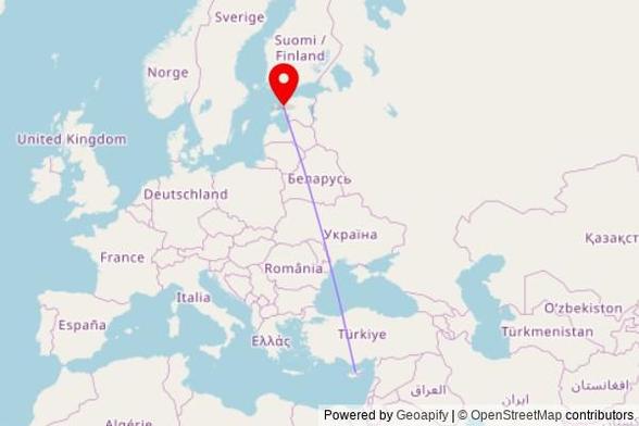 A map showing the great circle route from Gerolakkos in Cyprus to a map pin at Ridala Baptisti palvemaja, Rohuküla — Ahli — Ridala 1, 90428 Väike-Ahli, Estonia