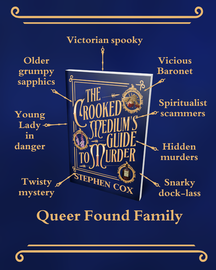 
A book cover surrounded by  the following aspects in matching Victorian lettering - spooky / Vicious Baronet / Spiritualist Scammers/ Hidden Crimes / older grumpy sapphics /  snarky dock-lass/ twisty mystery / Lady in Danger/Queer Found Family

The Crooked Medium’s Guide to Murder by Stephen Cox

A striking book cover with the title and author name dominating.
A rich dark blue background, and a touch of mist. The text appears in gold in a gold rectangular frame, the font is old fashioned implying C19th century. The frame has three rondels or cameos each containing a picture. Top right is a golden bee brooch with the body and one wing streaked with red blood. Middle left is foxgloves, spires of small bell flowers in pink, white and purple. Bottom right is a dark brown medicine bottle, with a pale label. The word LAUDANUM is just  visible.
There are pink highlights on some of the letters.
Taken together it is bold, mysterious, and Victorian.
