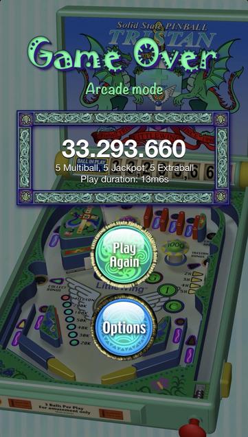 A 33.293.660 score showing on a Game Over screen of the Tristan pinball machine. Nowhere near the 120-140M score I had in the PC version late 1990s, or even the 72M I had this week. A severe flu put to good (?) use… 