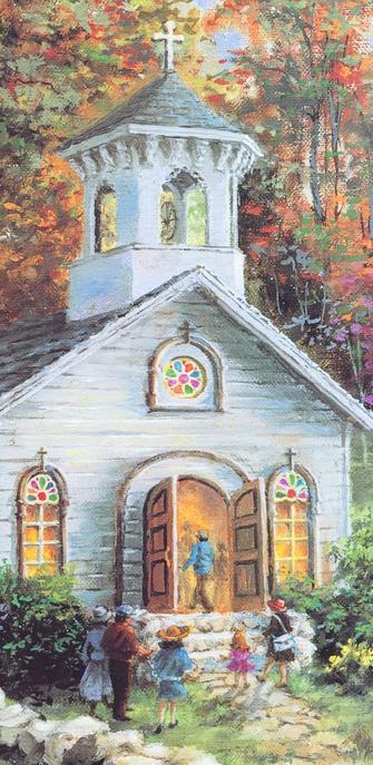 A beautiful painting of an older white church with lighted windows in the country!*& in an Autumn scene!*& Several people starting to enter the church's open doors!
