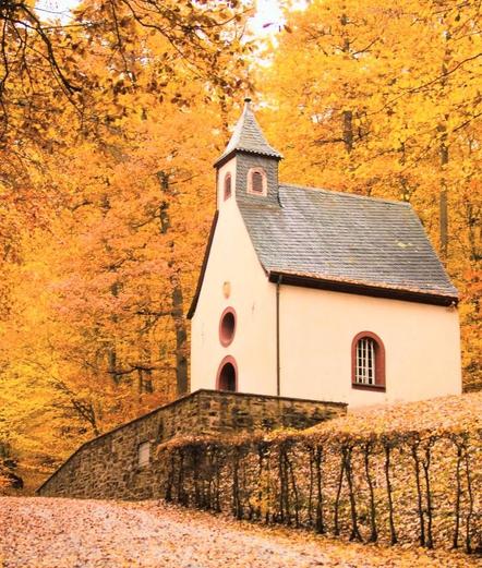 A beautiful Autumn colorful country scene with stunning fall trees and the ground is covered with fall leaves!*& a cream colored church with a grey roof and a natural boarder to a quiet country road that turns into a rustic stone wall in front of the church itself!*It is a gorgeous Serene picture!