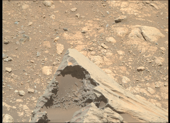 A wind-carved rock that stands out on somewhere on the rim of Jezero Crater.