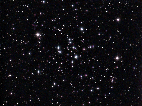 Star Cluster M34 - unprocessed image.  M34 is one of the nearest Messier objects to Earth, only about 1,500 light-years away, and contains at least 19 evolved white dwarf stars. 
