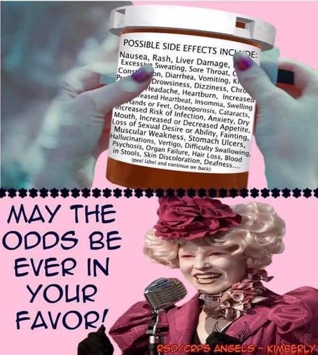 the side of a pill pottle with all of the side effects, possible side effects include: Nausea, Rash, Liver Damage, Excess Consa Sweating, Sore Throat. on, Diarrhea, Vomiting Drowsiness, Vomiting, Κι Headache, Heartburn, Increased Dizziness, Chro eased Heartbeat, Insomnia, Swelling ands increasec Feet, Osteoporosis Cataracts, Mouth, Increased Risk of Loss Sexual Desire Decreased Anxiety, Dry Muscular Weakness Stomach Fainting. Appetite, Hallucinations. Vertigo, Psychosis, in Stools, Skin Failure, Difficulty Swallowing. Ulcers. (peel label Loss,  continue on back)

----

woman from hunger games with the crazy outfit at mic

may the odds be ever in your favor!