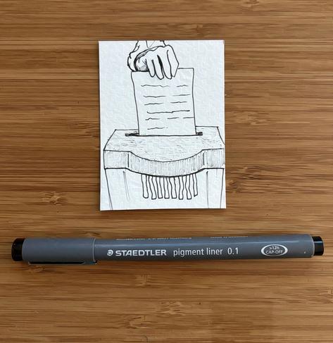 A drawing of a piece of paper being put through a shredder. 