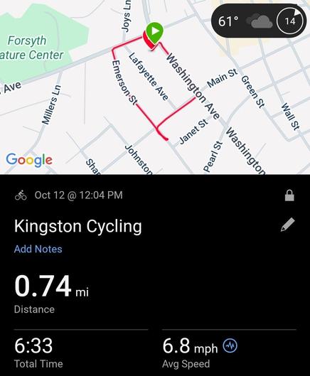 Garmin app screenshot showing map of a short cycling trip around the block. Distance .74 miles, 6:33 total time, 6.8 mph average speed.
