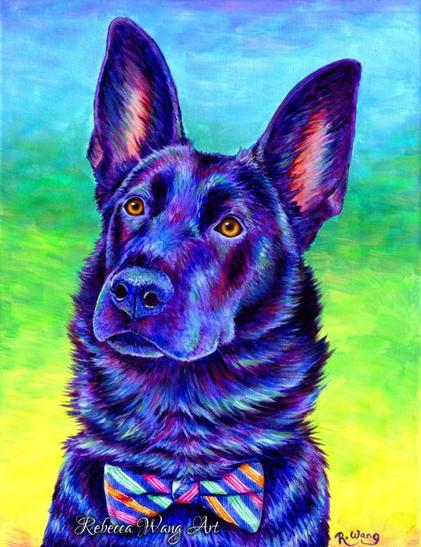 A colorful portrait painting of a black German shepherd dog in bright colors wearing a striped bow tie.