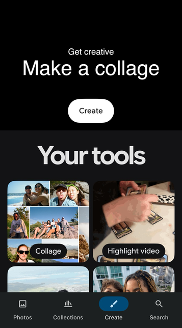 Initial screen of Google photos now, telling you to get creative and create a collage instead of showing the user’s photos, which is in another tab.
