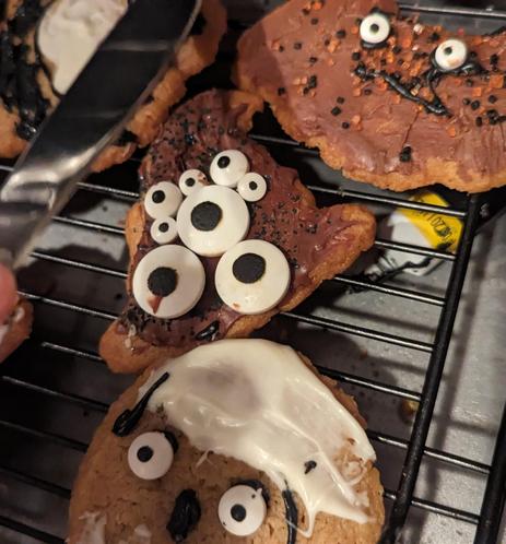 Witch hat with chocolate top and a bunch of eyeball sprinkles.
